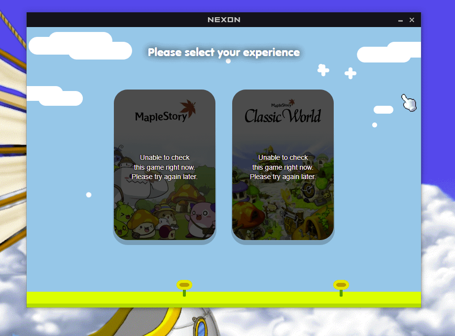 Nexon Launcher experience picker with the MapleStory and Classic World cards greyed out, each reading: Unable to check this game right now. Please try again later.
